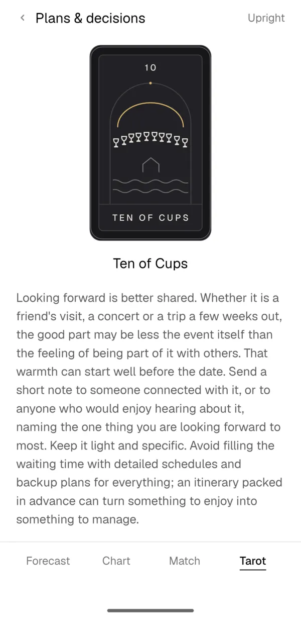 Tarot: the Ten of Cups drawn for the topic Plans and decisions.